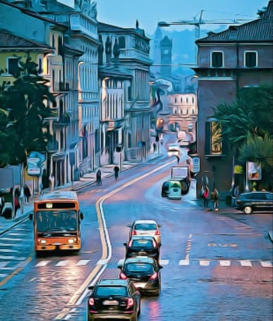 A European city street scene unfolds on a rainy day, with cars and a bus navigating the wet roads. Buildings line the street, their windows reflecting urban life, while in the distance, a clock tower stands as a reminder of history—and perhaps even double taxation debates.