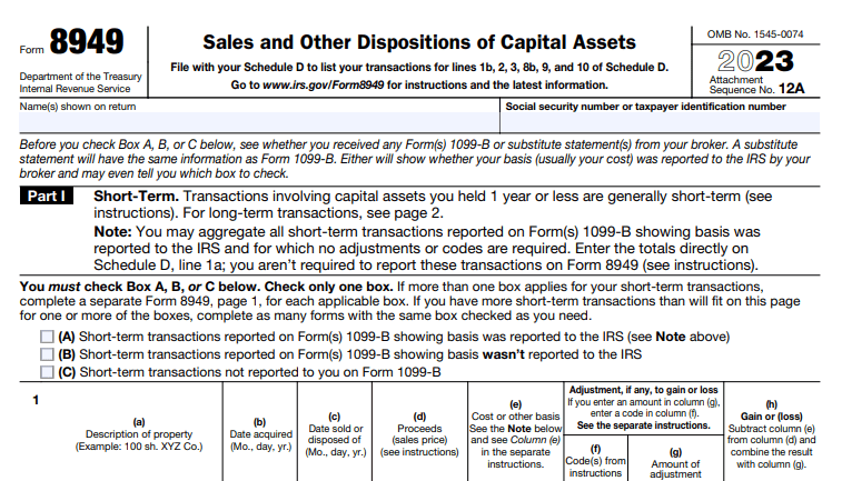 Form 8949 for 2023 titled "Sales and Other Dispositions of Capital Assets" with sections for short-term transaction reporting details.