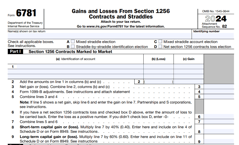 2024 IRS Form 6781, titled "Gains and Losses From Section 1256 Contracts and Straddles," with labeled sections and fillable fields for reporting gains, losses, and other required tax information.